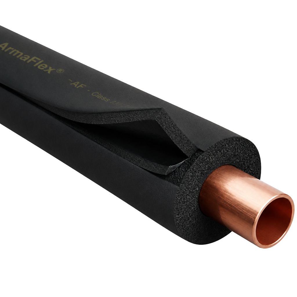 Mousse élastomère noire à cellules fermées de type AF/ArmaFlex posée sur une canalisation